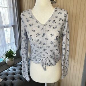 Hollister Floral Ruched Crop Top Long Sleeve Stretchy Y2K Baby Tee M
